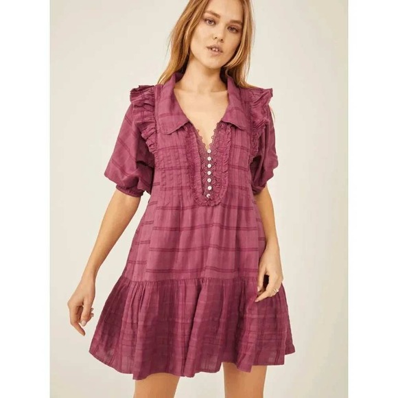Free People Dresses & Skirts - Free People Elora Rose Pink Spring Mini Dress JuneBerry Plaid Boho Cottagecore